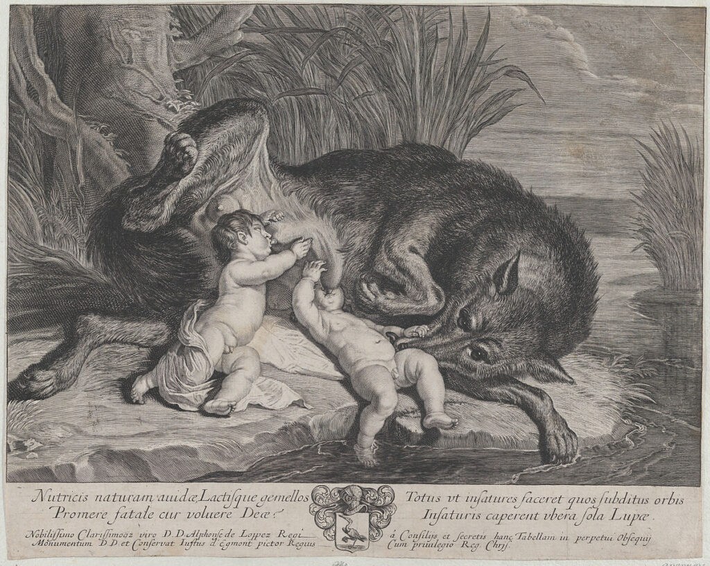 Romulus and Remus suckling the she-wolf on the riverbank of the Tiber River.