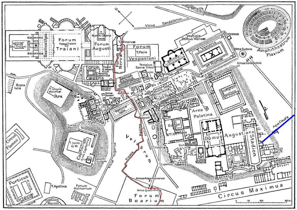 A map of central Rome during the time of the Roman Empire (not the monarchical period), showing the Cloaca Maxima in red and the aqueduct Aqua Claudia in blue. Construction of the Aqua Claudia began in 38 AD by emperor Caligula.