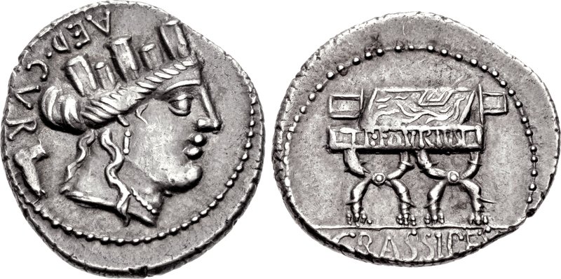 A curule chair depicted on the reverse of an 84 BC denarius coin.