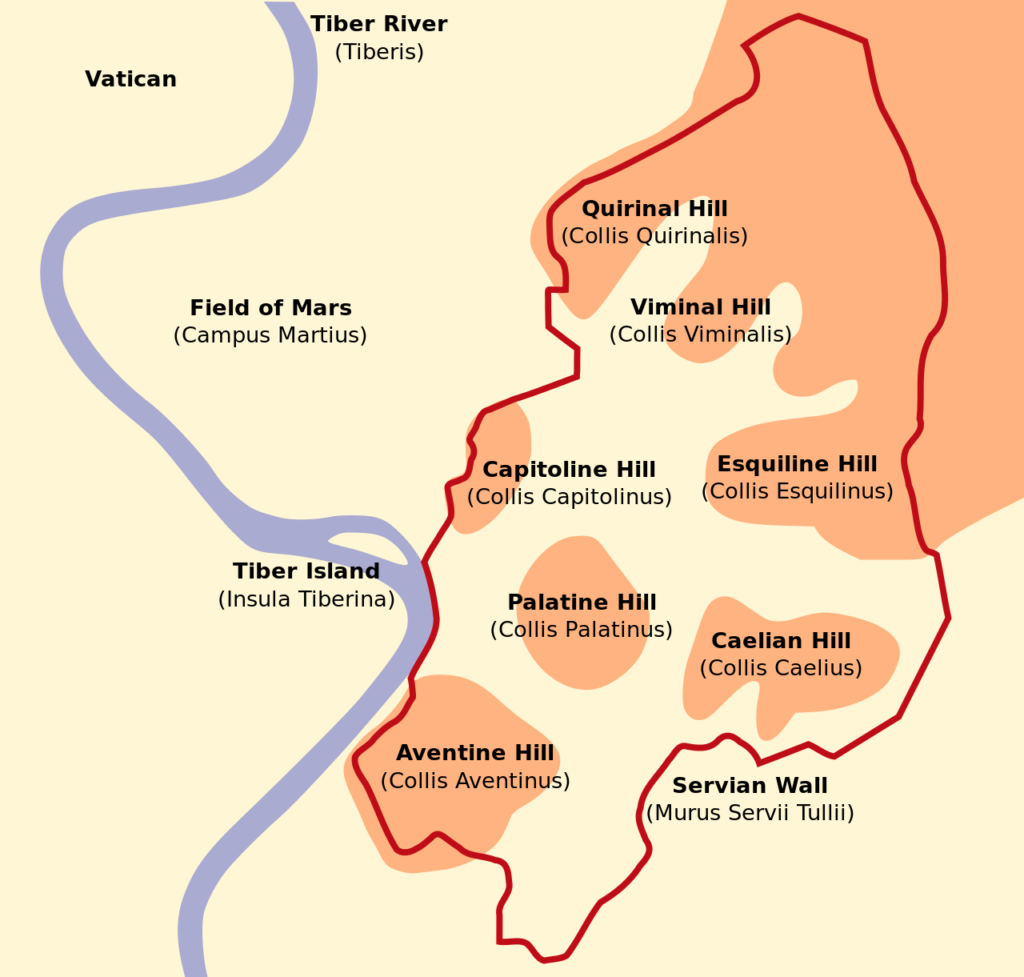 A schematic map of Rome showing the seven hills and the Servian Wall.