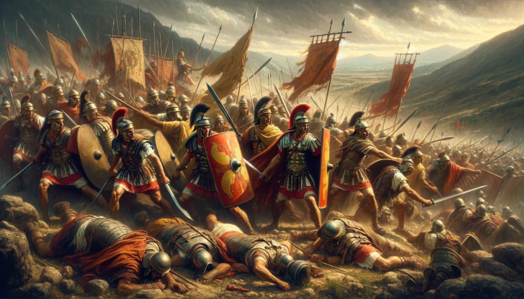 An illustration of the Romans at war with a neighbouring tribe.