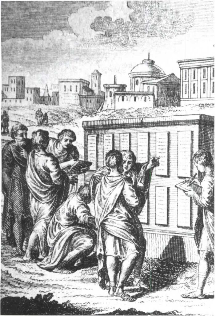 Roman civilians examining the Twelve Tables after they were first implemented.