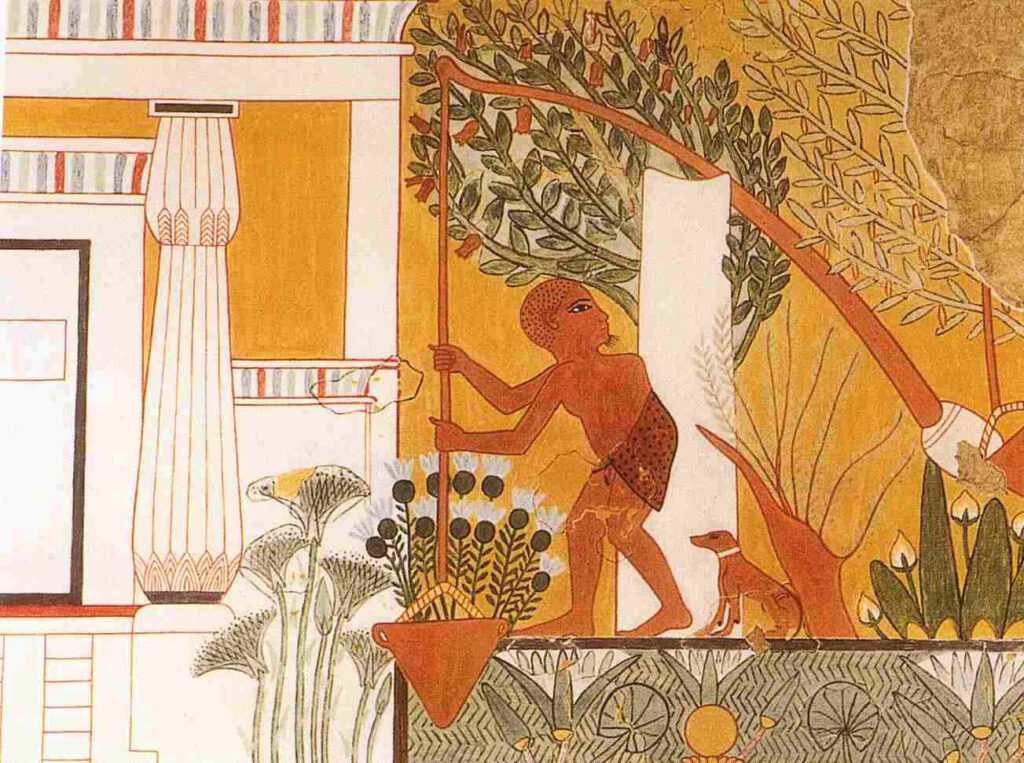 An ancient Egyptian wall painting of a Shaduf.