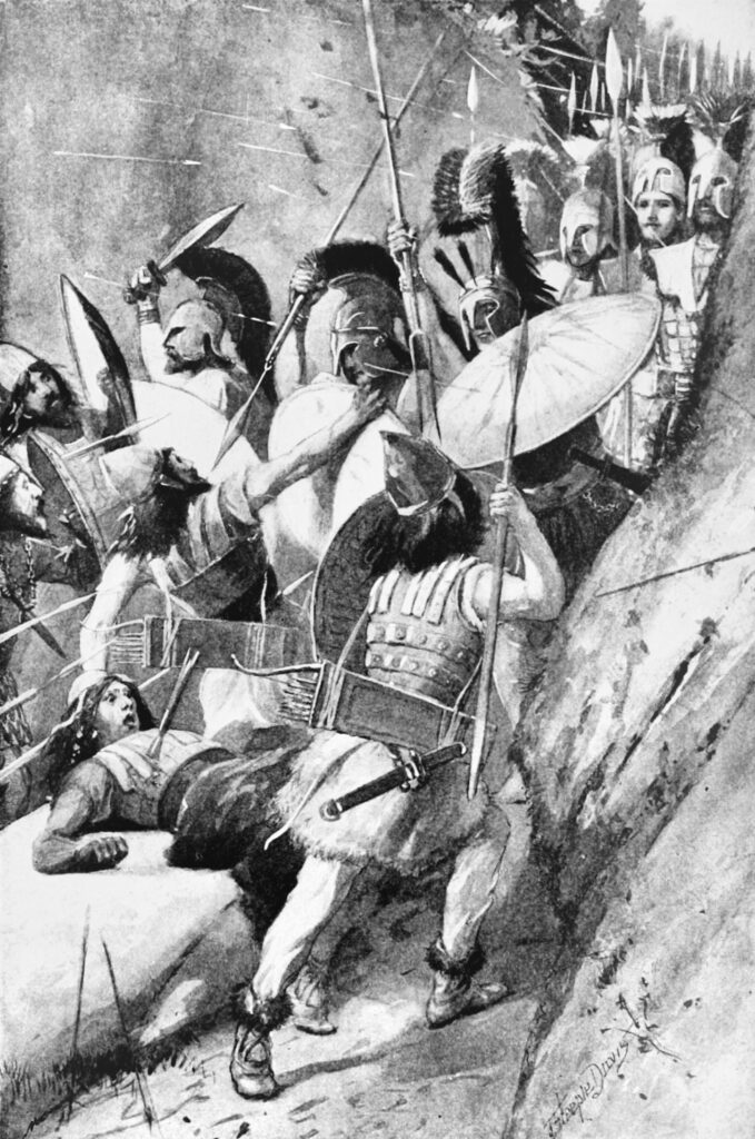 An illustration of the Persians fighting the Greek forces at the narrow pass of Thermopylae.