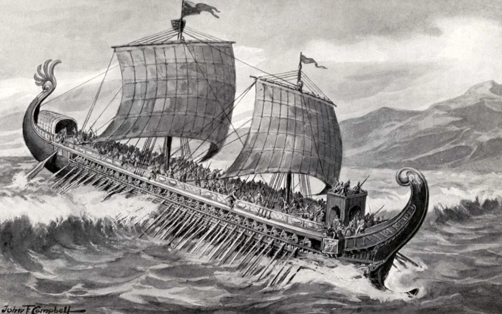An illustration of a Greek trireme ship. The Persian triremes were similar in style.