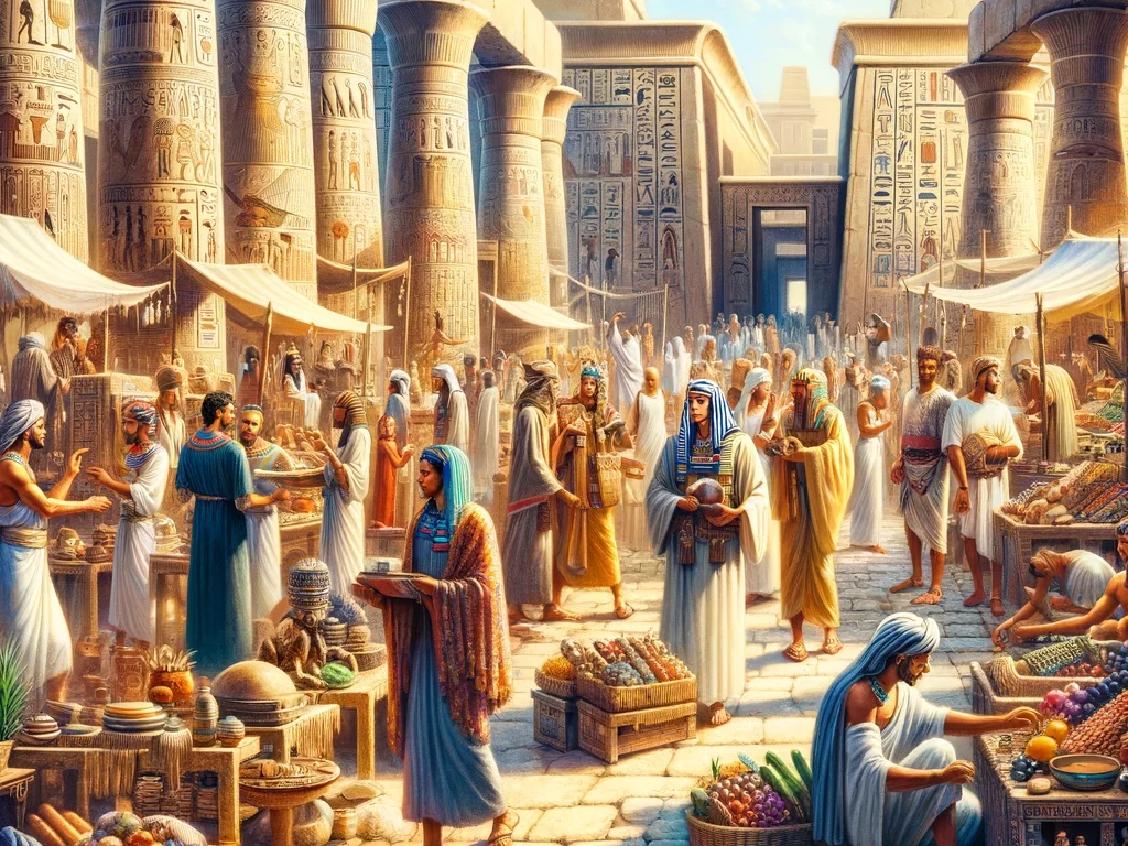 An illustration of the vibrant atmosphere of an ancient Egyptian marketplace.