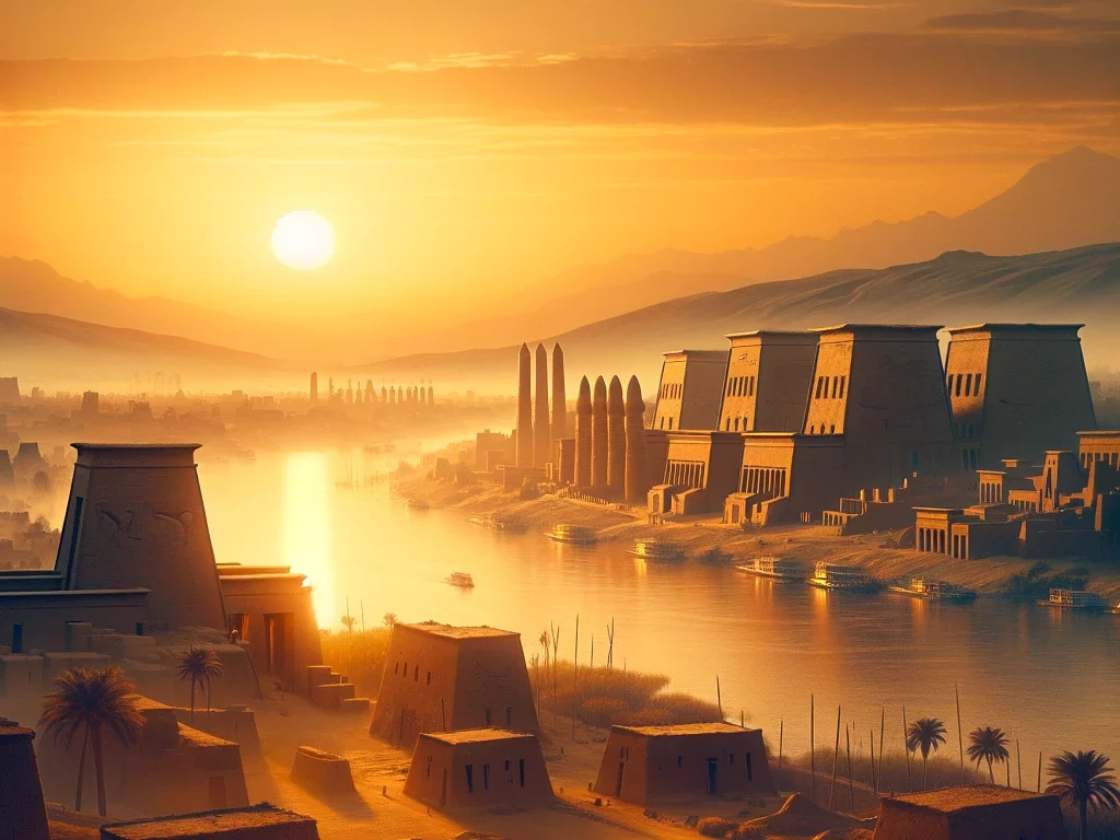 An illustration of the early morning sun casting a golden glow over the city of Thebes.